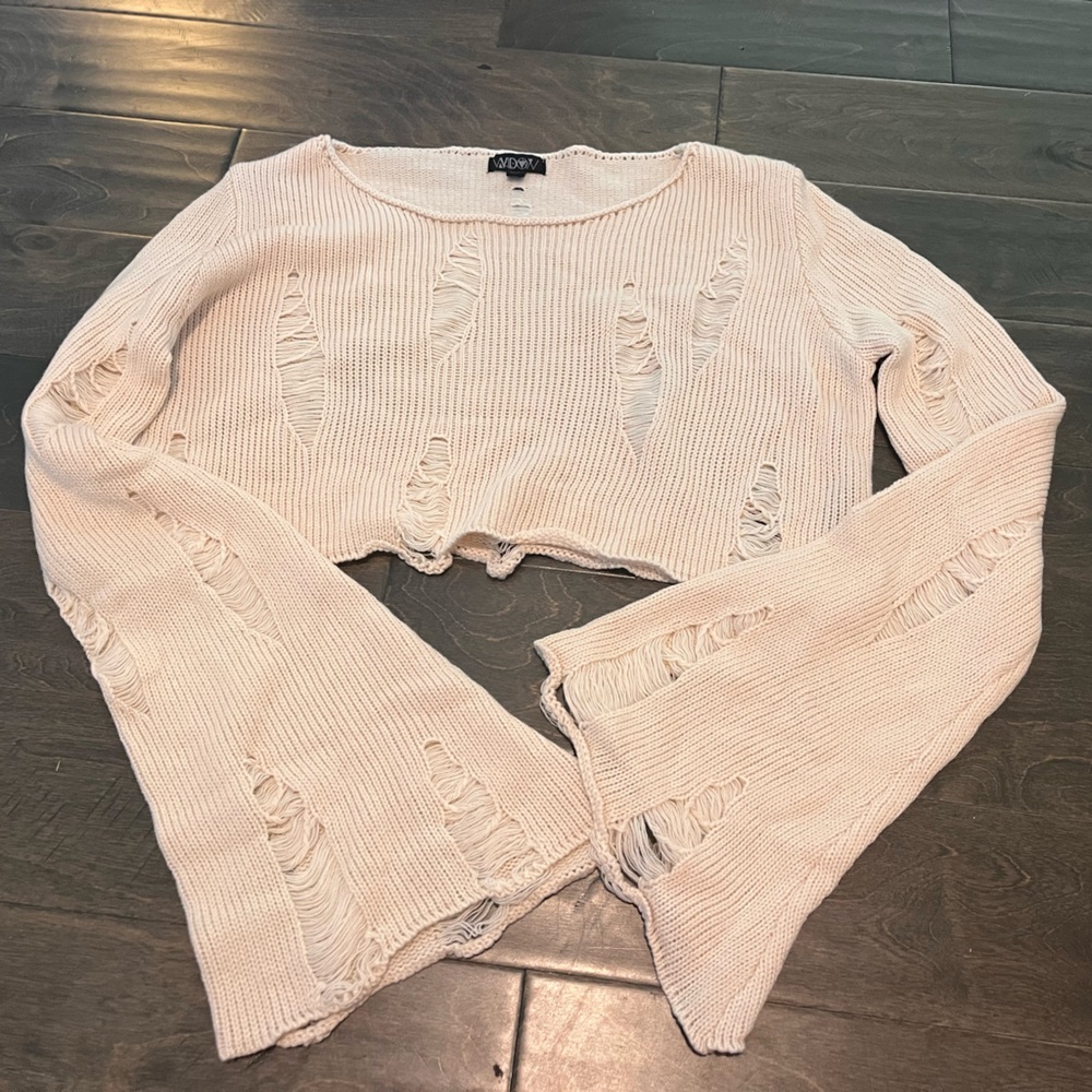 Dolls Kill Widow Cropped Cream Distressed Bell Sleeve Sweater